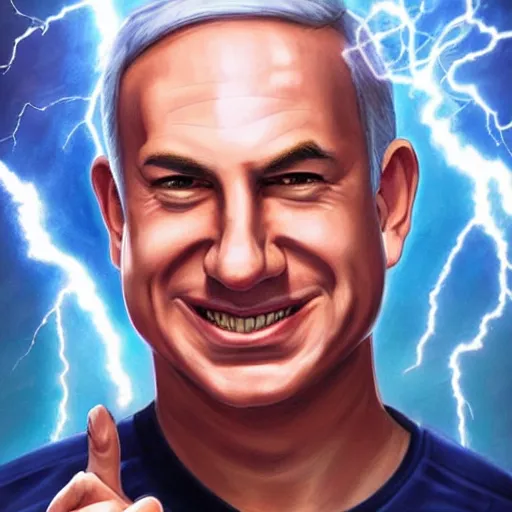 Prompt: portrait of benjamin netanyahu grinning while holding many lightning bolts, villain art, by artgerm