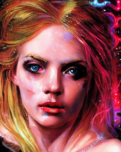 Image similar to a baroque painting of a gorgeous young woman in dead space, with wild blonde hair and haunted eyes, 1 9 7 0 s, space station, neon light showing injuries, delicate ex embellishments, painterly, offset printing technique