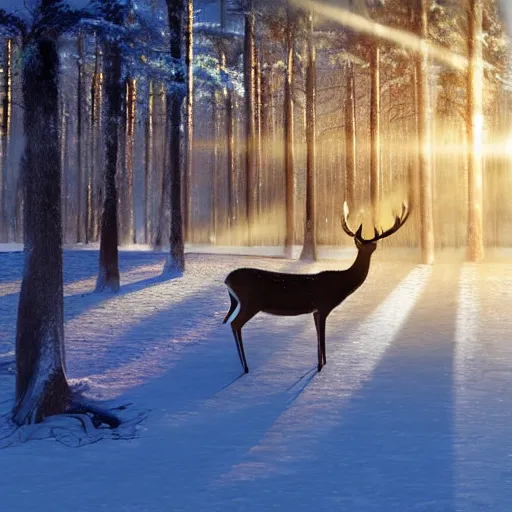 Image similar to family of deer on fire in a frozen forest, sparkles and sun rays, hyperrealistic, photo realistic, realistic, beautiful white lighting, in the middle of the day, hyperdetailed, very detailed