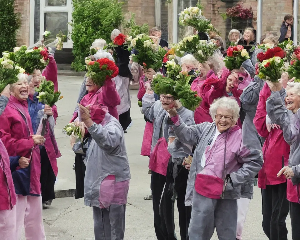 Prompt: a gang of old ladies waving flowers and pitch-forks, and wearing track suits laughing maniacally and screaming