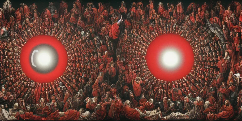 Prompt: a single blood - red eyeball is in the center of the picture, surrounded by apostles of god, 4 k resolution, by miura kentaro, ultra detailed,