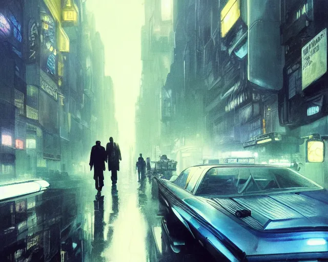 Image similar to 2 0 1 8 blade runner movie still clint eastwood look at the cityscape from roof perfect face fine realistic face pretty face reflective polymer suit tight neon puffy jacket blue futuristic sci - fi elegant by denis villeneuve tom anders zorn hans dragan bibin thoma greg rutkowski ismail inceoglu illustrated sand storm alphonse mucha