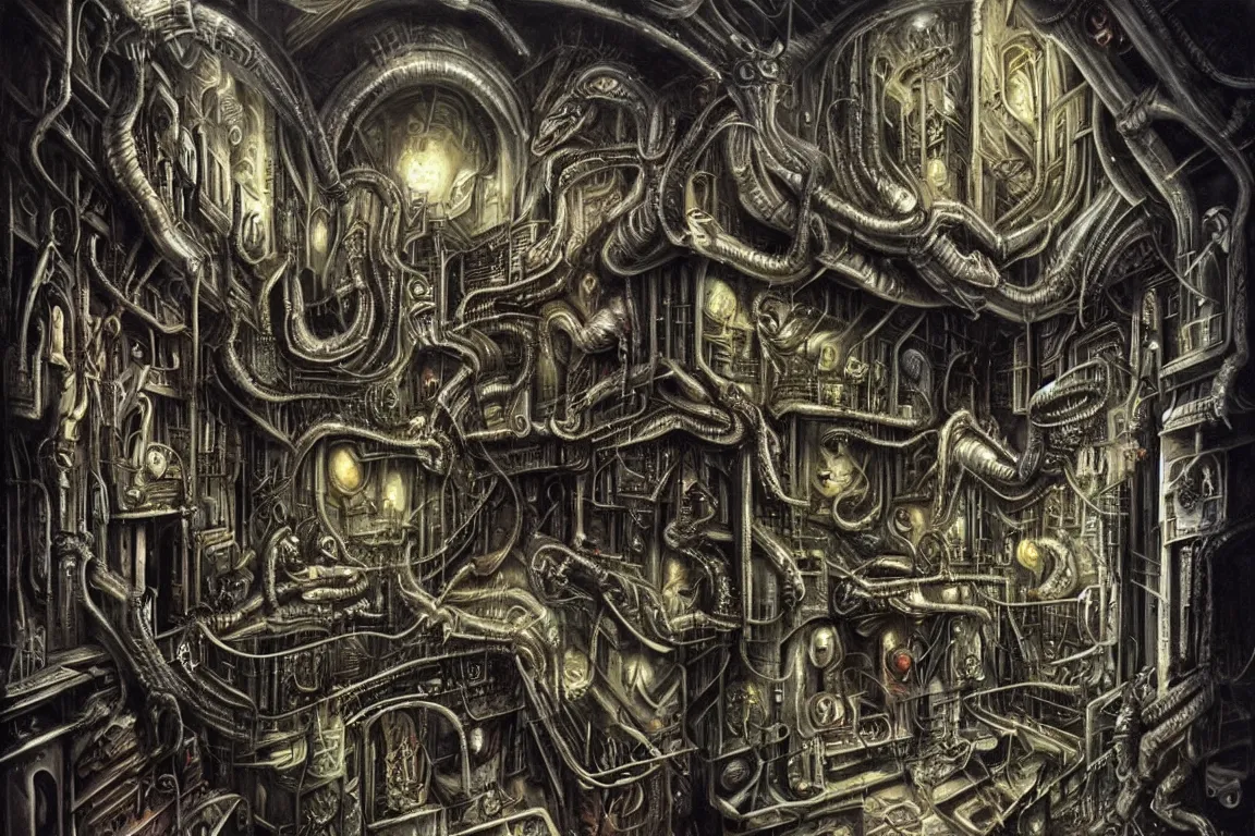 Prompt: A very detailed nightmarish penthouse, surrealism, airbrush painting, style of H. R. Giger