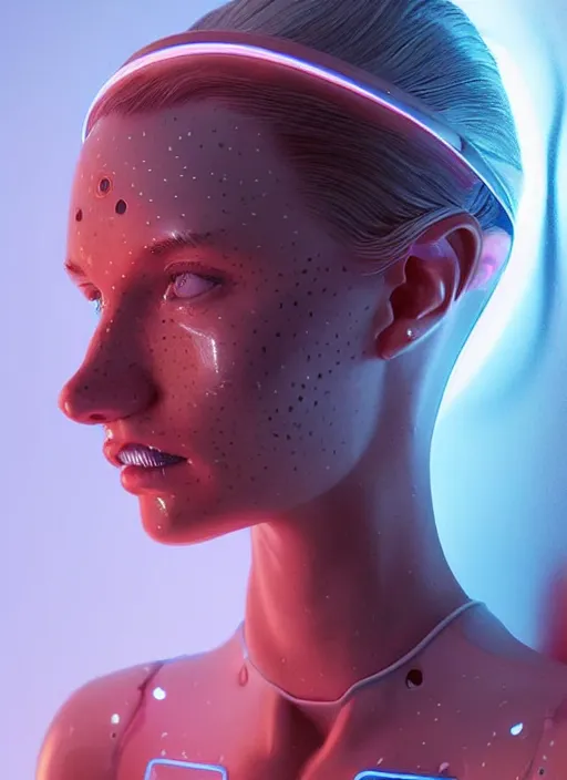 Prompt: a cool looking scandinavian female humanoid with freckled cheeks, cyber neon lighting, futurism, intricate futuristic jewelry accessories, cyberpunk glossy white latex swimsuit, profile posing, hyper photorealistic, crispy quality, digital photography, trending in artstation, trending in pinterest, cinematic, 4 k ultra hd, art by pascal blanche, art by greg rutkowski,