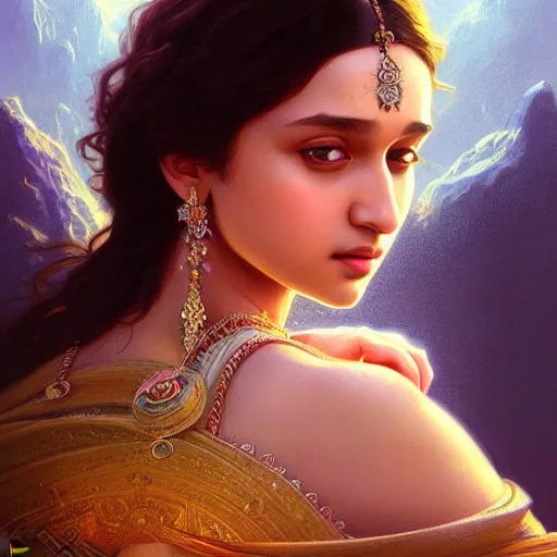 Prompt: beautiful young teen shraddha kapoor, closeup, d & d, fantasy, intricate, elegant, highly detailed, digital painting, artstation, concept art, matte, sharp focus, illustration, art by artgerm and greg rutkowski and alphonse mucha