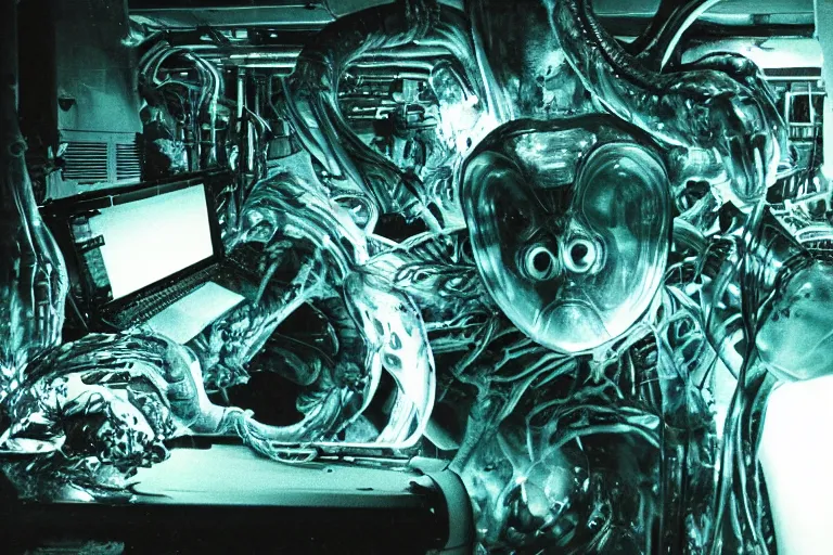 Image similar to alien monster using a computer to check their email, submerged in translucent goo, over the shoulder perspective, in 1 9 8 5, y 2 k cybercore, industrial low - light photography, in the style of tyler mitchell