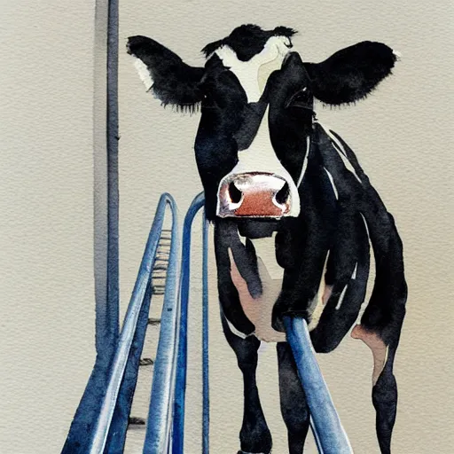 Prompt: watercolor painting of a cow on an escalator