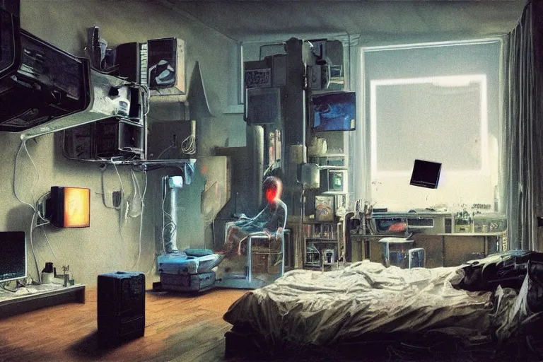 Image similar to IKEA catalogue photo, cyberpunk teenager bedroom, screens, TVs, monitors, robots, by Beksiński