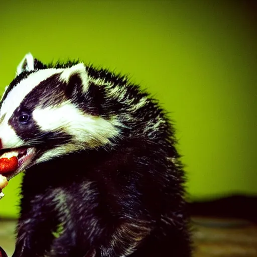 Image similar to photo of a badger eating a hot dog, dynamic lighting, high contrast