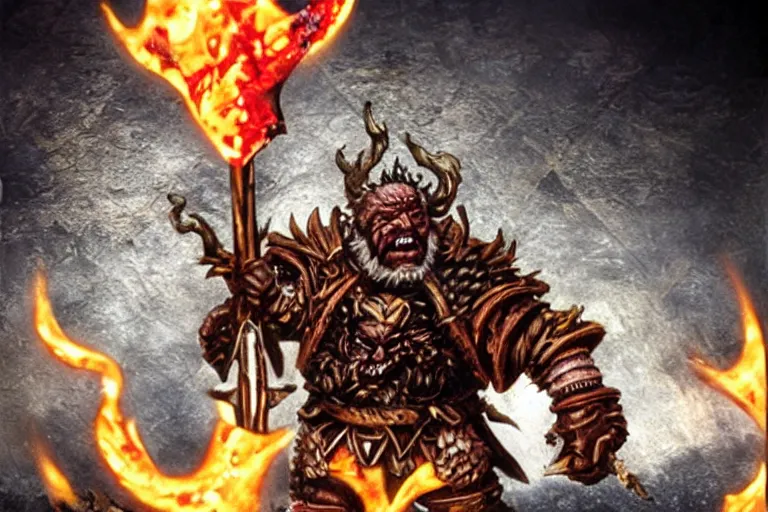 Image similar to Chaos Dwarf holding a flaming axe