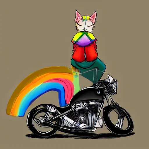 Image similar to wide angle full body, jacket wearing fluffy cute rainbow kitten wearing a black leather motorcycle jacket, riding on a motorcycle, cinematic concept art