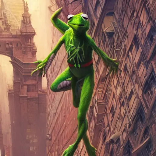 Image similar to ultra realistic illustration, wide angle shot, kermit as spider man, intricate, elegant, highly detailed, digital painting, artstation, concept art, smooth, sharp focus, by artgerm and greg rutkowski and alphonse mucha