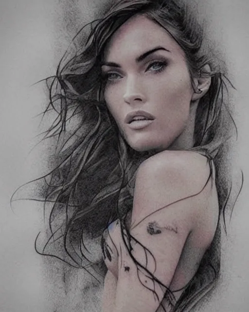 Image similar to creative double exposure effect tattoo design sketch of megan fox faded in beautiful mountain scenery, realism tattoo, in the style of matteo pasqualin, amazing detail, sharp