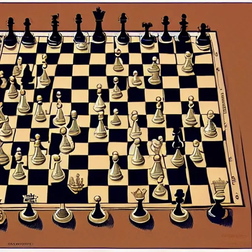 Prompt: a chessboard but the pieces are soldiers, artwork by moebius