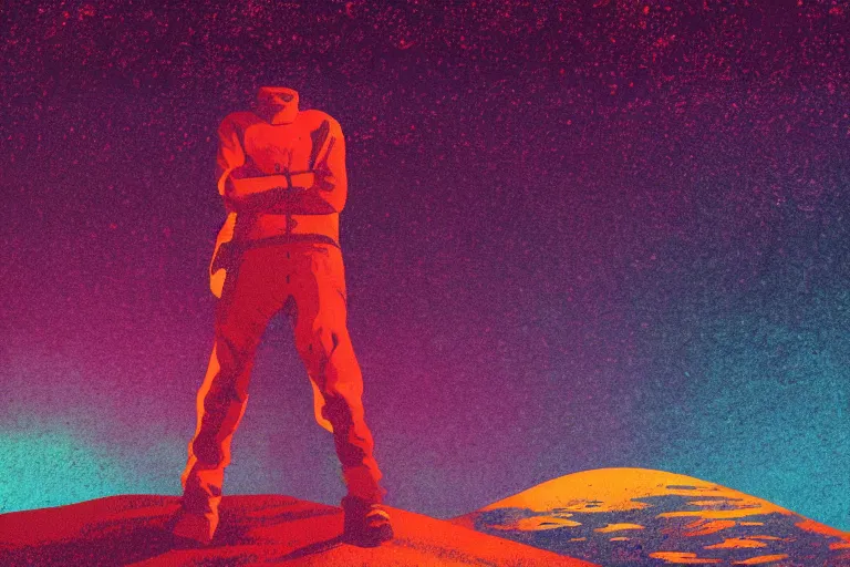 Image similar to a sad human standing on mars in the style of flooko, acrylic art, detailed, moonlight, red lighting, bokeh, synthwave, psychedelic, glitch, neon,