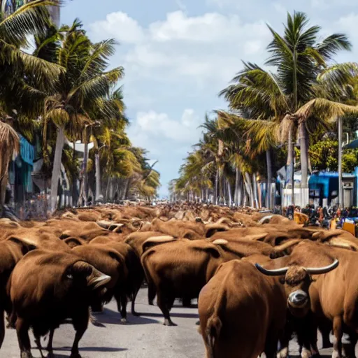 Prompt: one thousand buffaloes in the street, miami, miami vice