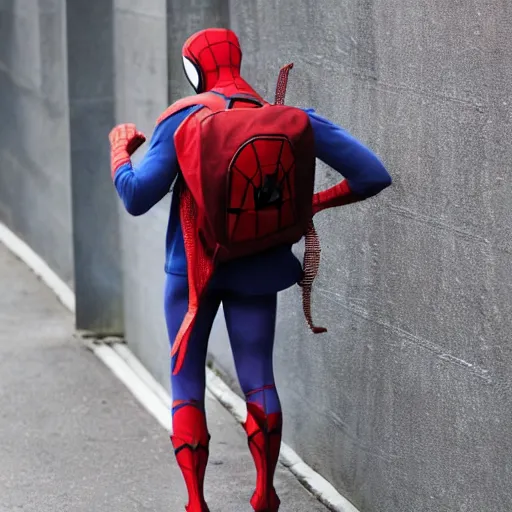 Prompt: Spiderman wearing backpack ,mellow , dramatic, sad ambience