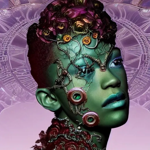 Image similar to beautiful zendaya in a cosmic dress, full-body, ornate, rococo, grotesque, zbrush art, majestic, organics, silver filigree, colorful, dark fantasy, celtic knot, anatomical, h r giger style, moebius, frank frazetta, ornate, art nouveau, symmetrical, turquoise jewelry, red smoke, roses, unbiased render, rotten, Emil melmoth, eerie, macabre, haunting + insanely detailed and intricate, floral, faded pink, hypermaximalist, elegant, vintage, hyper realistic, super detailed, pastel colors,