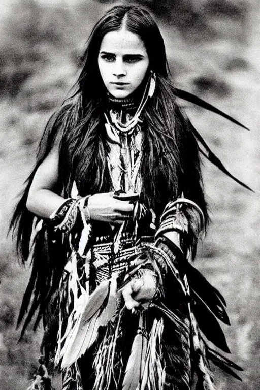 Image similar to “Photo of Native American indian woman Emma Watson, portrait, skilled warrior of the Apache, ancient, realistic, detailed, emma watson”