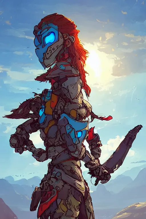 Image similar to combination suit armor aloy horizon forbidden west horizon zero dawn robot ninja mask helmet backpack tribal, art gta 5 comics, official fanart behance hd artstation by jesper ejsing, by rhads, makoto shinkai and lois van baarle, ilya kuvshinov, ossdraws radiating a glowing aura cgi rtx 2 0 2 2