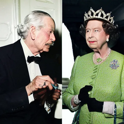 Image similar to Queen Elizabeth and Snoop Dogg smoking weed