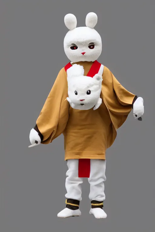 Image similar to 35mm of a very cute, simple minimal, adorable and creative Japanese momonga mascot character costume, full body and head view, very magical and dreamy, designed by Gucci and Wes Anderson, kawaii, magical details