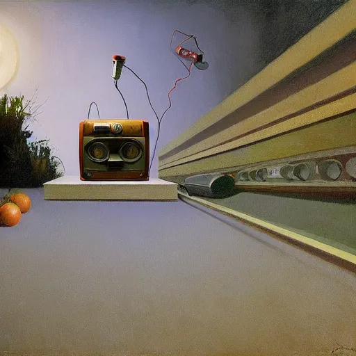 Prompt: an achingly beautiful still life featuring an old Radio with red wine , very coherent, painted by Edward Hopper, Wayne Barlowe, painted by James Gilleard, airbrush, art by JamesJean