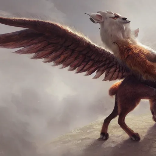 Image similar to a ultradetailed beautiful concept art of a chimera consisting of a fox and a turkey, trying to use its turkey wings concept art, high resolution 4 k, by tom bagshaw, greg rutkowski, charli bowater and artgeem