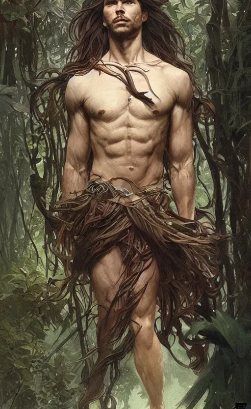 Prompt: God of the forest, male, shoulder-length hair, gorgeous, amazing, muscular, intricate, highly detailed, digital painting, artstation, concept art, sharp focus, illustration, art by greg rutkowski and alphonse mucha