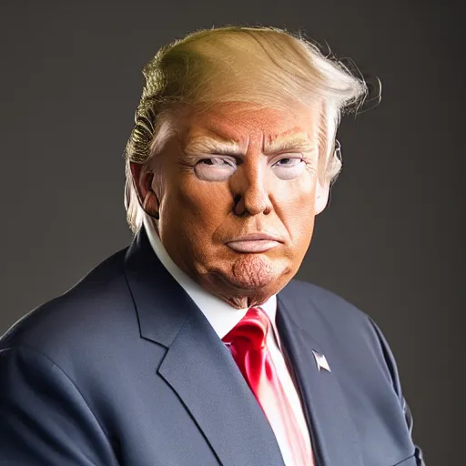 Prompt: photo still of donald trump! not wearing any makeup!, studio portrait photo, studio lighting, rim light, key light 8 5 mm f 1. 8