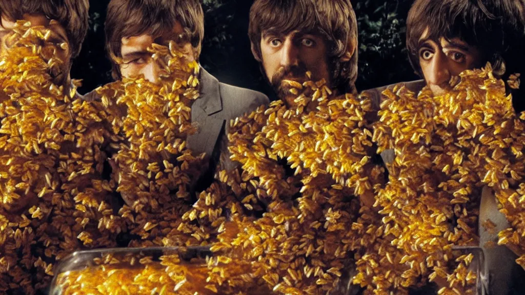 Image similar to The Beatles!!! drowning in honey! in a large honey jar, film still from the movie directed by Denis Villeneuve with art direction by Salvador Dalí, wide lens