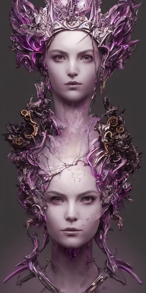 Image similar to female angel queen head wearing shiny pink crown, subtle purple accents, hyper details, black metal rococo, sculpted by Alex Alice, Craig Mullins, yoji shinkawa, trending on artstation, beautifully lit, Peter mohrbacher, hyper detailed, elite, elegant, luxury, ray of light through smoke, CGsociety, hypermaximalist, golden ratio, neofuture, volumetric, octane render, weta digital, micro details, 3d sculpture