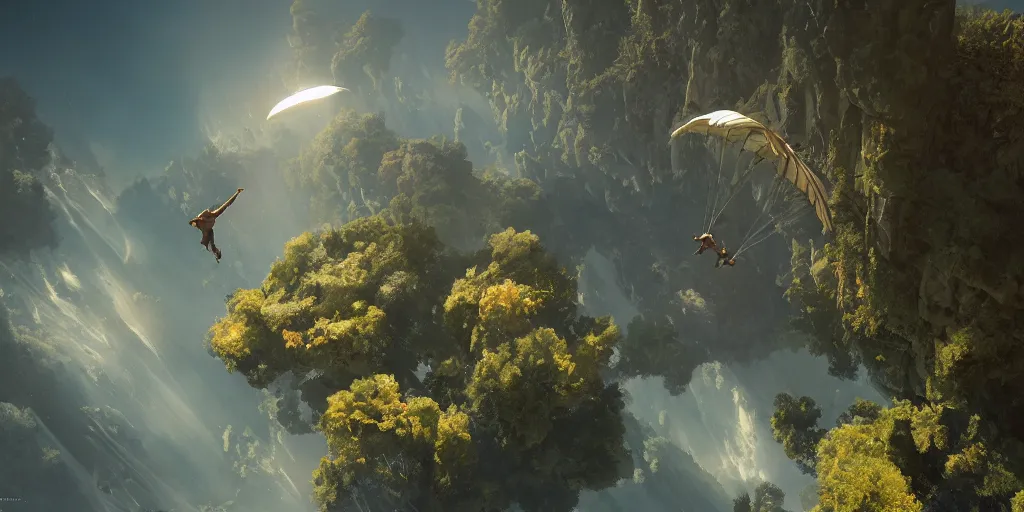 Prompt: Icarus falling, wide shot, HD, highly detailed, Blender Render, plants environment, cinematic lighting, atmospheric, realistic, octane render, highly detailed, in the style of craig mullins