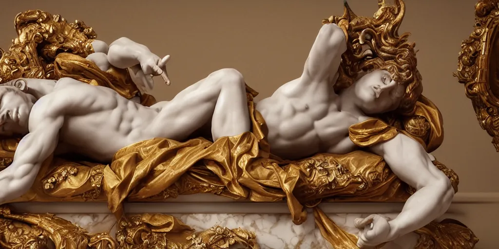 Image similar to baroque delicate full-body marble sculpture of reclining handsome horned teenage demon-boy laying back on a bed with his arm behind his head, gold silk flowing fabric,, Trending on artstation, octane render, cinematic, hyper realism, octane render, 8k, depth of field