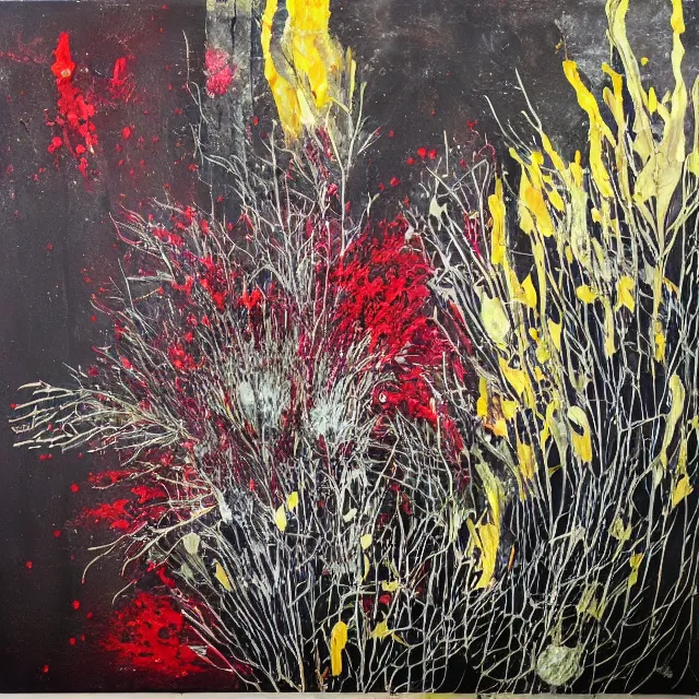 Prompt: “ charred, bushfire, a portrait in a female art student ’ s apartment, australian wildflowers, sensual, queer woman, flax, flannel flower, bottlebrush, eucalyptus, art supplies, a candle dripping white wax, aboriginal art, berry juice drips, acrylic and spray paint and oilstick on canvas, surrealism, neoexpressionism ”