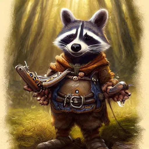 Image similar to a whimsical raccoon wearing bard clothing by Justin Gerard, concept art, highly detailed