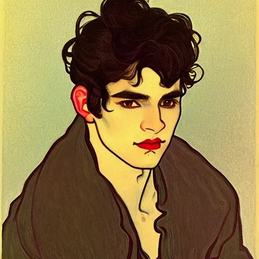 Image similar to painting of young cute handsome beautiful dark medium wavy hair man in his 2 0 s named shadow taehyung at the halloween pumpkin jack o'lantern party, melancholy, autumn colors, japan, elegant, clear, painting, stylized, delicate, soft facial features, delicate facial features, soft art, art by alphonse mucha, vincent van gogh, egon schiele