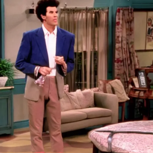 Prompt: still from the episode of the tv show seinfeld where cosmo kramer is just legs