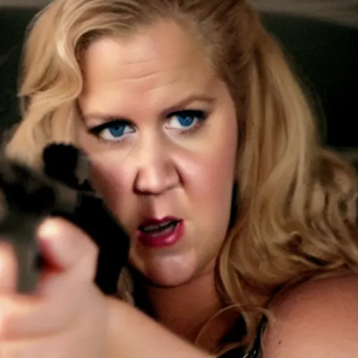 Prompt: movie still of Amy Schumer firing a gun as 007 in No Time to Die, 4k