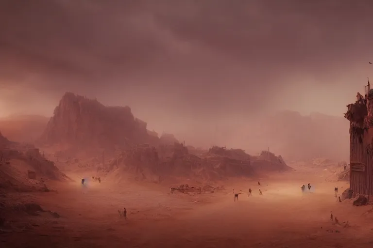 Prompt: ews shot of a beautiful sandstorm overthrowing a large municipality, shot by jimmy nelson and greg rutkowski, trending on artstation, artstation photorealism, cgsociety contest winner, photorealistic details, intricately defined, complexly detailed, reddishly dusty atmosphere, red lighting, 4 k