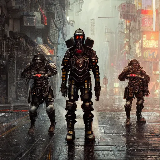 Prompt: a cyberpunk soldier in heavy armor on a crowded street in the rain, au naturel, hyper detailed, digital art, trending in artstation, cinematic lighting, studio quality, smooth render, unreal engine 5 rendered, octane rendered, art style by klimt and nixeu and ian sprigger and wlop and krenz cushart intricate artwork by Tooth Wu and wlop and beeple. octane render, trending on artstation, greg rutkowski very coherent symmetrical artwork. cinematic, hyper realism, high detail, octane render