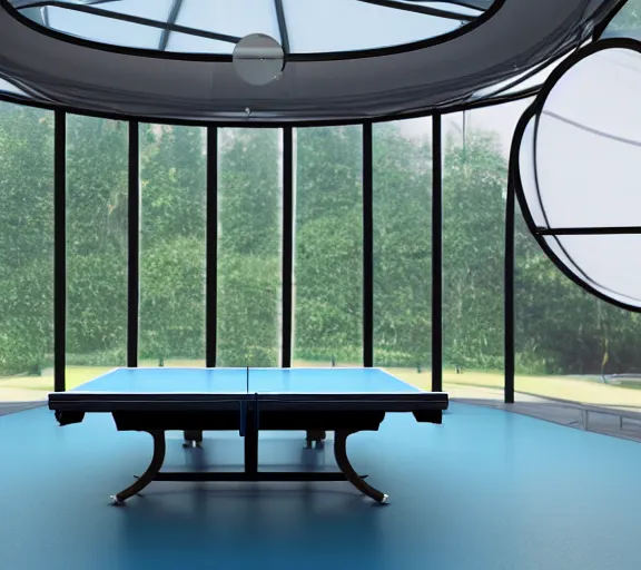 Prompt: A table tennis table on a pool inside a futuristic lounge in a glass dome, designed by zaha hadid, octane render, ray tracing, 8k resolution, sharp