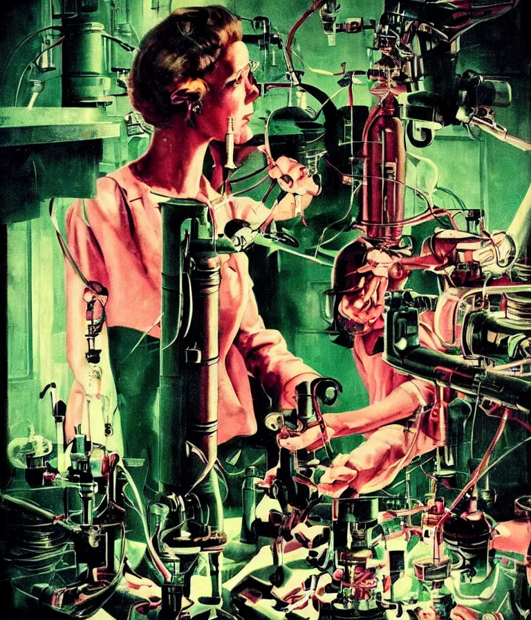 Image similar to a female mad scientist building a robot man, in a darkly lit laboratory room, 1 9 5 0 s horror movie poster style, norman rockwell oil painting, tight shot, close - up shot, retro science fiction, vintage, saturated pink and green lighting, shadowy lighting, cohesive