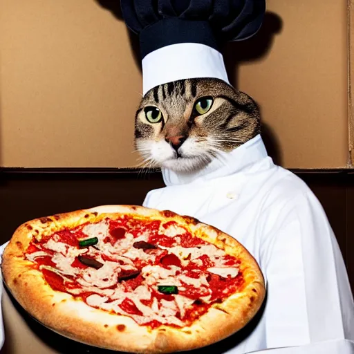 Image similar to studio photograph, a cat dressed as a chef taking a pizza out of an oven