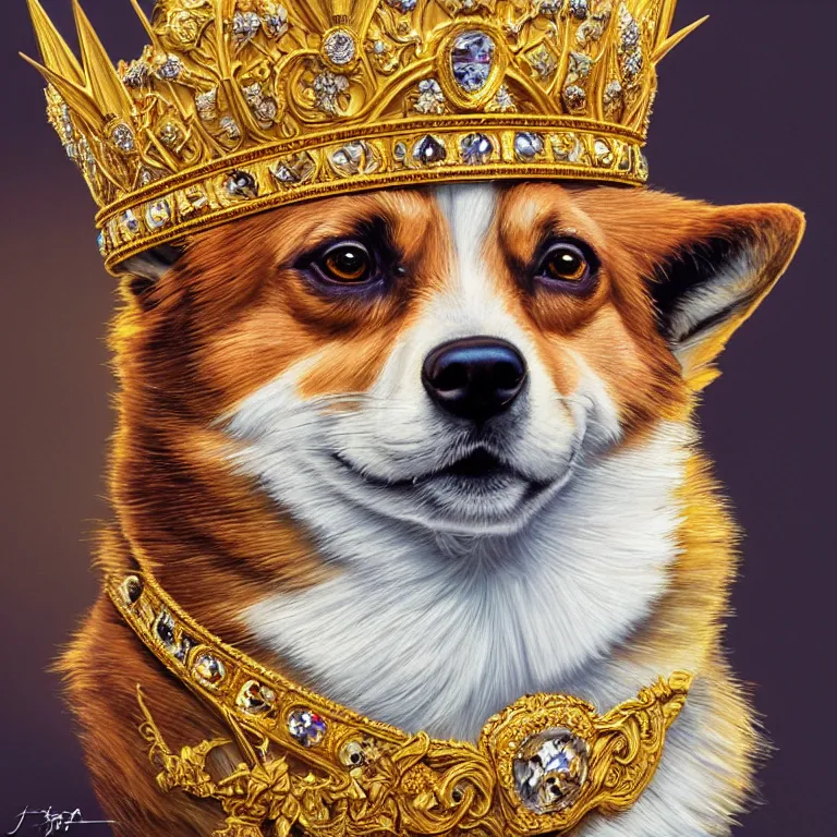 Image similar to highly detailed illustration of a portrait of a regal corgi wearing a jeweled golden crown, artstation, cinematic lighting, hyperdetailed, cgsociety, 8k, high resolution, by John Philip Falter, Art Nouveau, insanely detailed and intricate