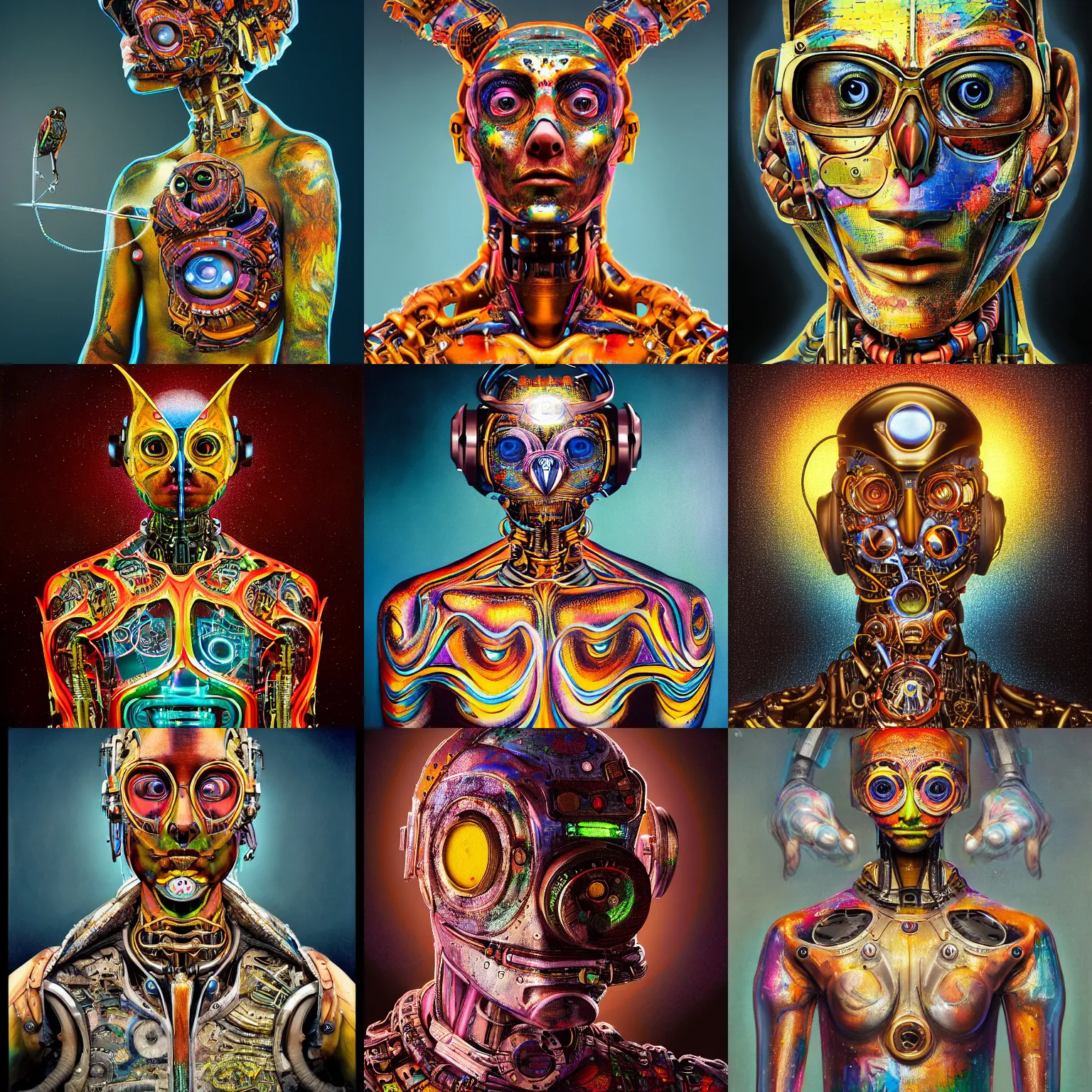 Prompt: a hyperrealistic fine art portrait photo of a mechanical industrial alloy cybernetic human with psychedelic colorful body paint, with cybernetic owl on his shoulder, by brad kunkle, maarten schröder and tom bagshaw, smooth shapes and lines, vignette, 35mm lens, golden ratio composition, studio photography, closed eyes, very detailed, artstation, 8K, highly coherent
