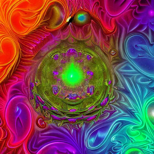 Image similar to dmt trip interdimensional beings in fractals, highly detailed, bright tones