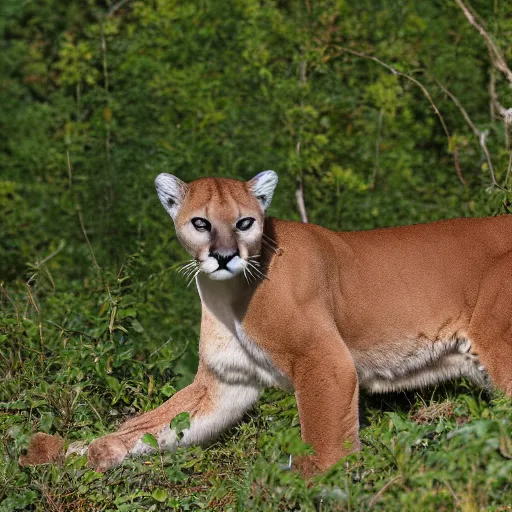 Prompt: 8k Reuters image of a cougar (puma concolor) in rural West Virginia, parthenocissus, film grain