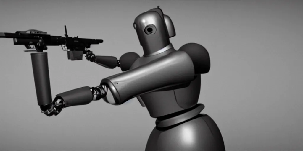 Prompt: gort robot from 1 9 5 1 holding a black gun, the day the earth still style, 3 d, full body, motion blur, real life, spotted, leaked, ultra realistic, accurate, sighting, 4 k, movie still, uhd, sharp, detailed, cinematic, render, modern