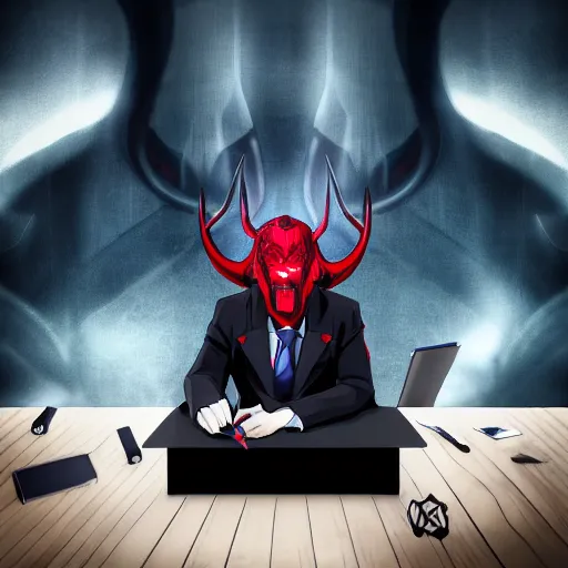 Image similar to dark lord sitting at desk large horns and suit, medium shot, portrait, semi realistic anime, red demon cyberpunk symbols